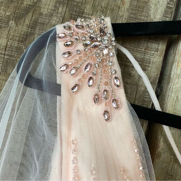 Mac Duggal blush Tulle Sheer Long Sleeve Cut Out Lace Up A Line Gown dress NWT 4 - Picture 14 of 16